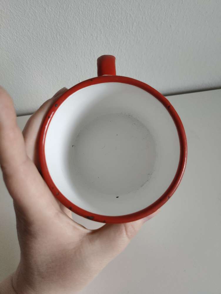 Puna-viher-kelta iso emalikuppi