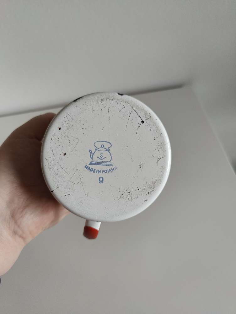 Puna-viher-kelta iso emalikuppi