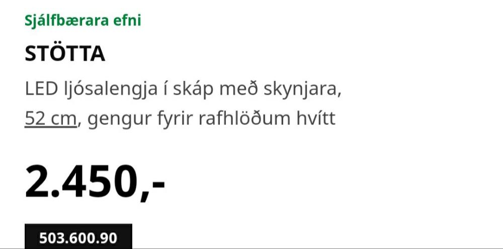 Ljós í skáp ónotað.  Fyrir batterí